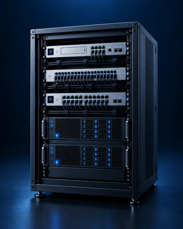 Concept illustration of an organised server rack with Ubiquiti UniFi networking equipment and servers